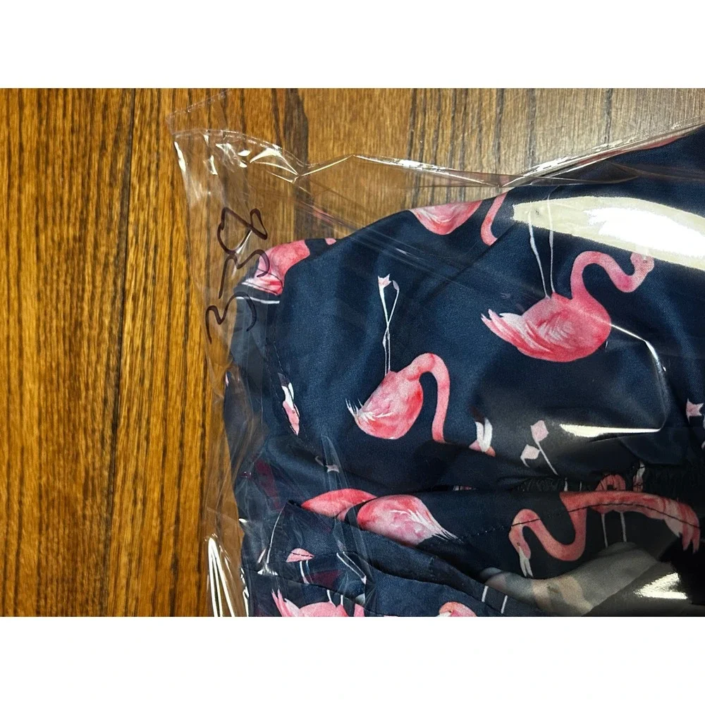 Franks Mens Swim Trunks Navy Blue Pink Flamingo Print Mesh Lined Shorts Size M‎